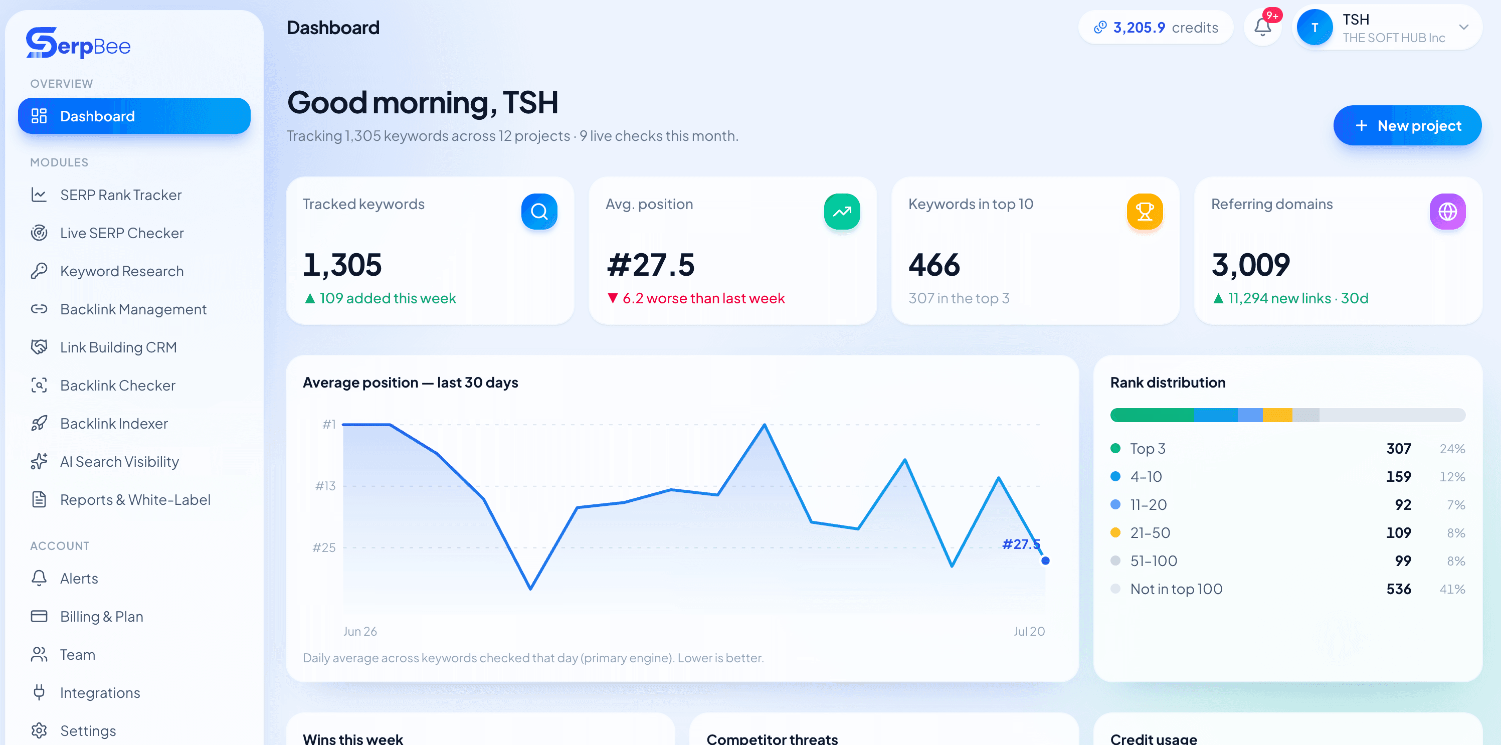 The SerpBee dashboard: tracked keywords, average position, keywords in the top 10, referring domains, a 30-day position chart, and rank distribution