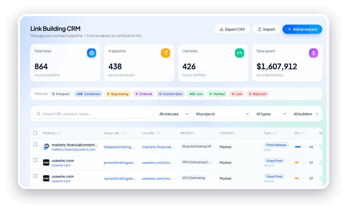 Link Building CRM in the SerpBee dashboard